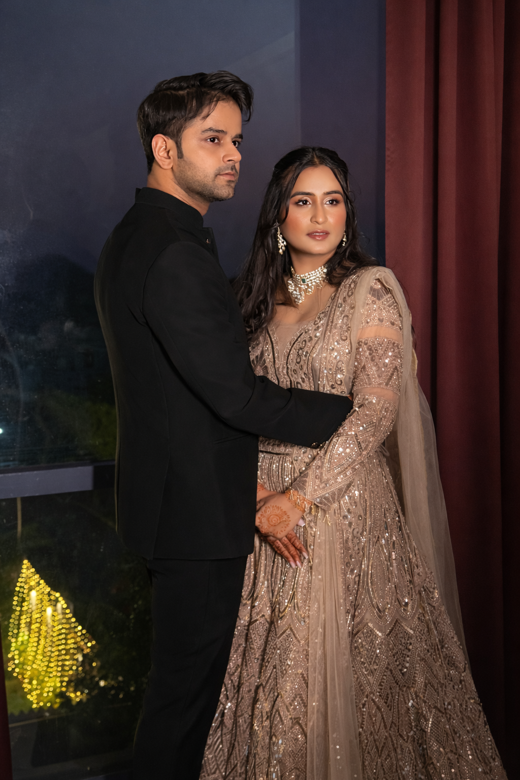 Bride and groom together after their wedding preparation