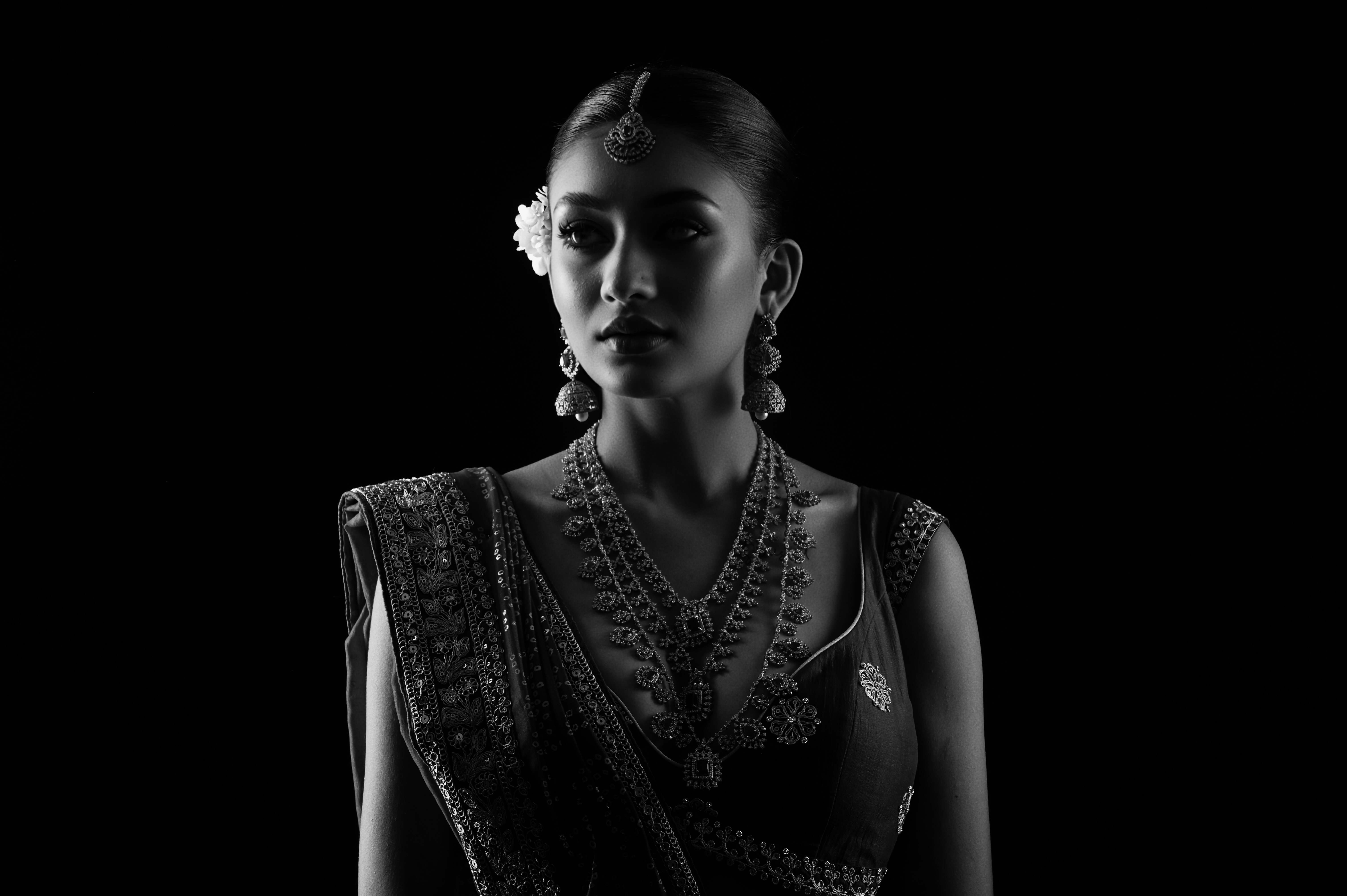 Dramatic bridal portrait emerging from a black background