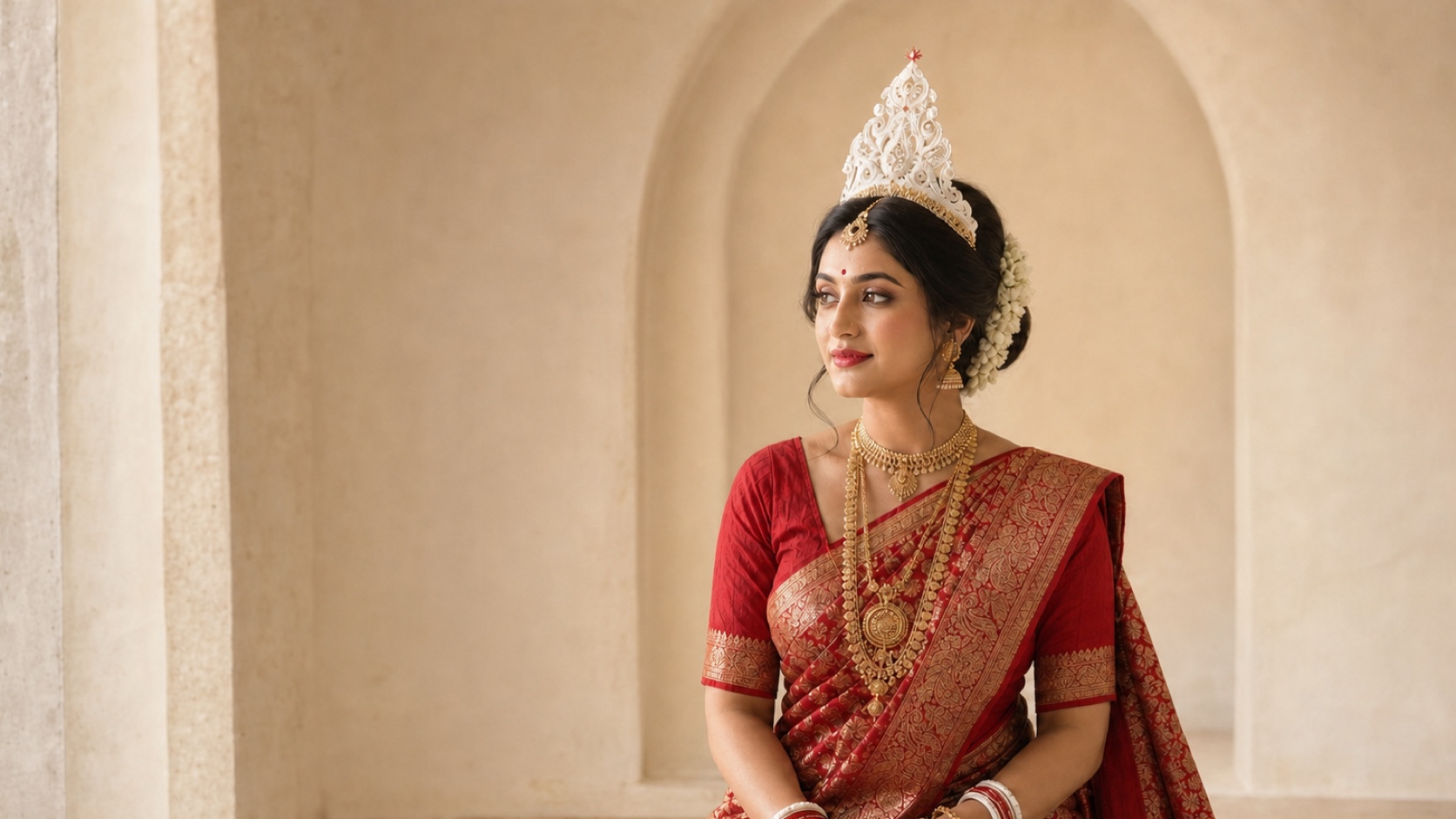 Modern Bengali bride in a crimson Banarasi saree with mukut, jasmine and antique gold jewellery in a bright heritage room.