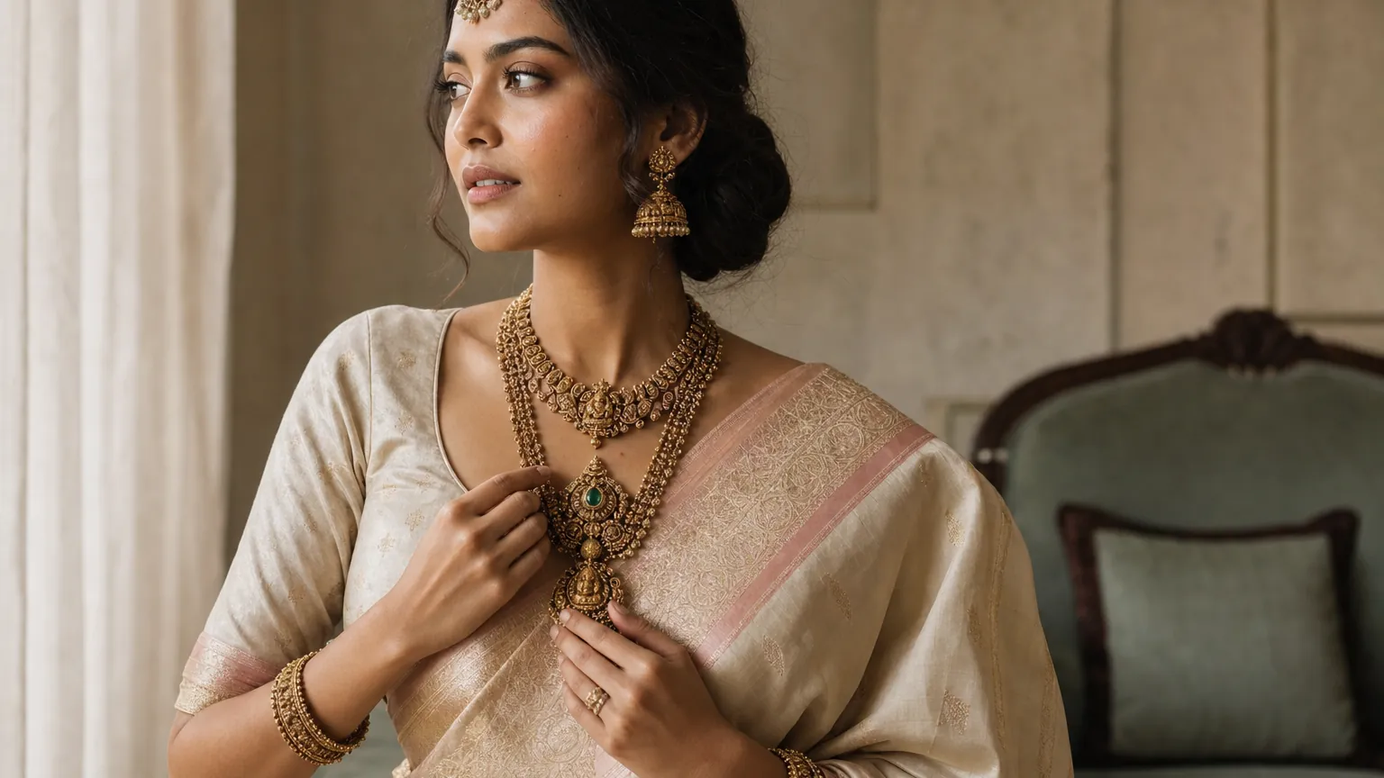 Indian bride in ivory silk and antique gold heirloom jewellery in a softly lit heritage suite.