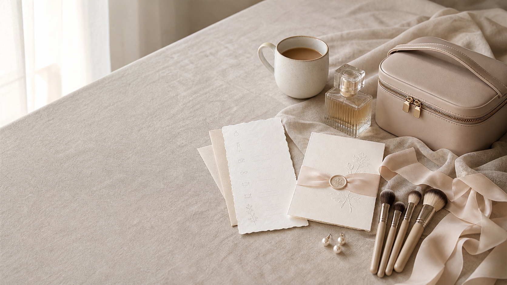 Bridal preparation table arranged with makeup brushes, wedding stationery, pearls, perfume and coffee in soft morning light.