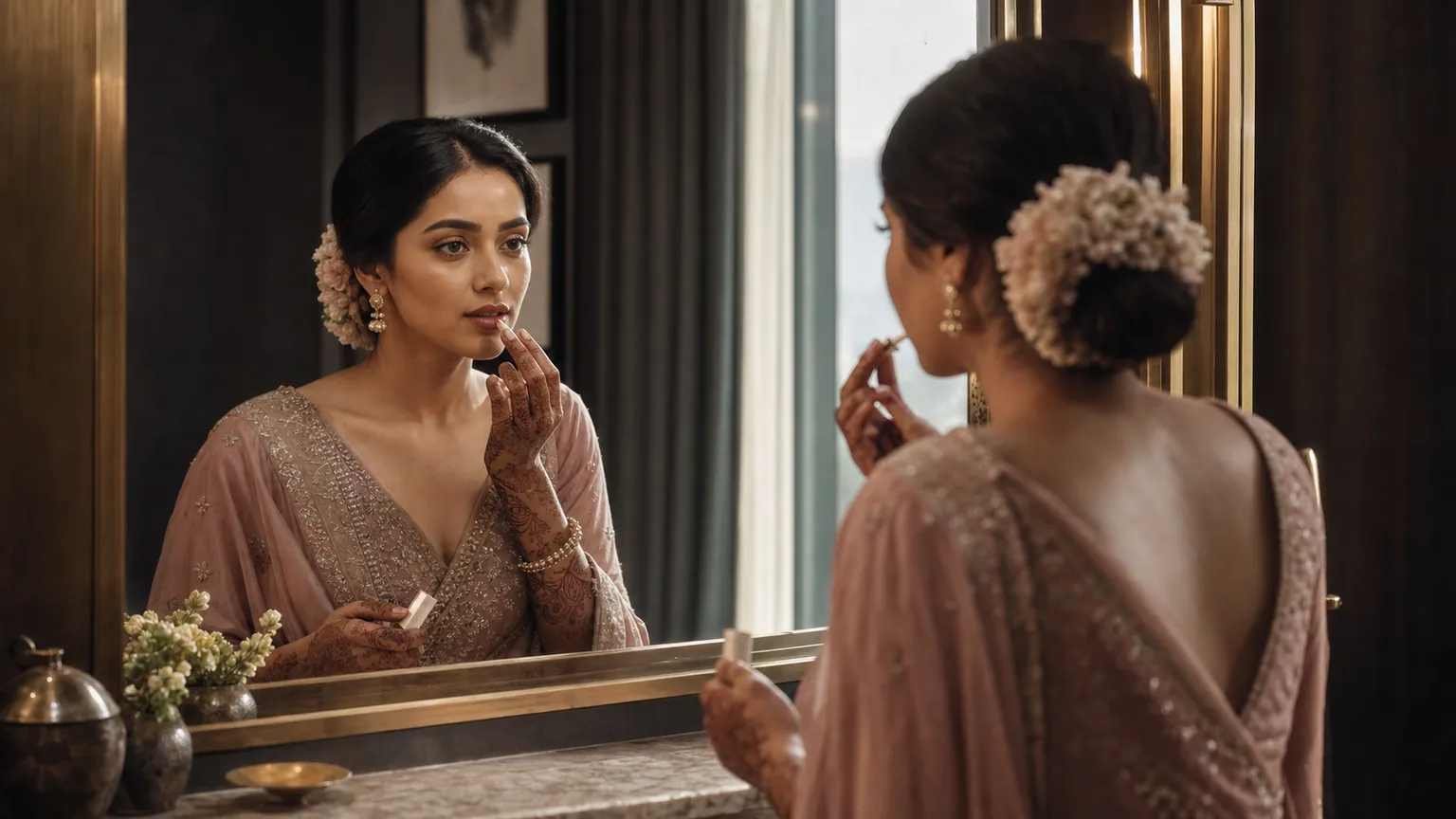 Indian bride in a dusty blush outfit refreshing her lip colour in a brass-framed mirror.