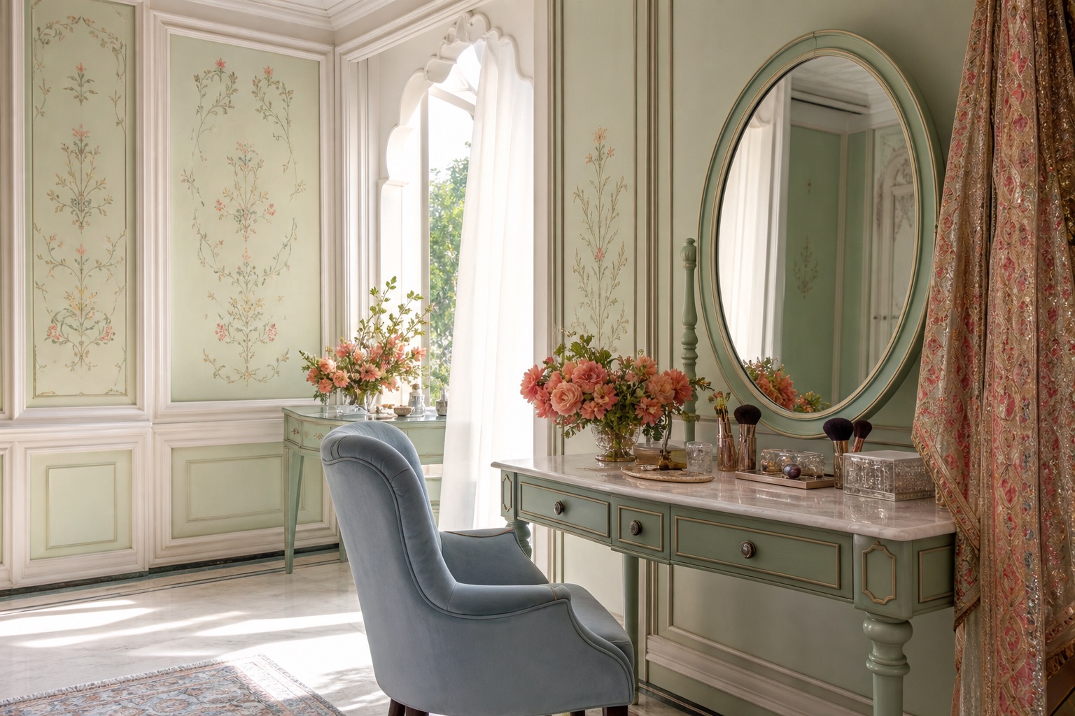 Elegant bridal makeup trial room in sage and ivory