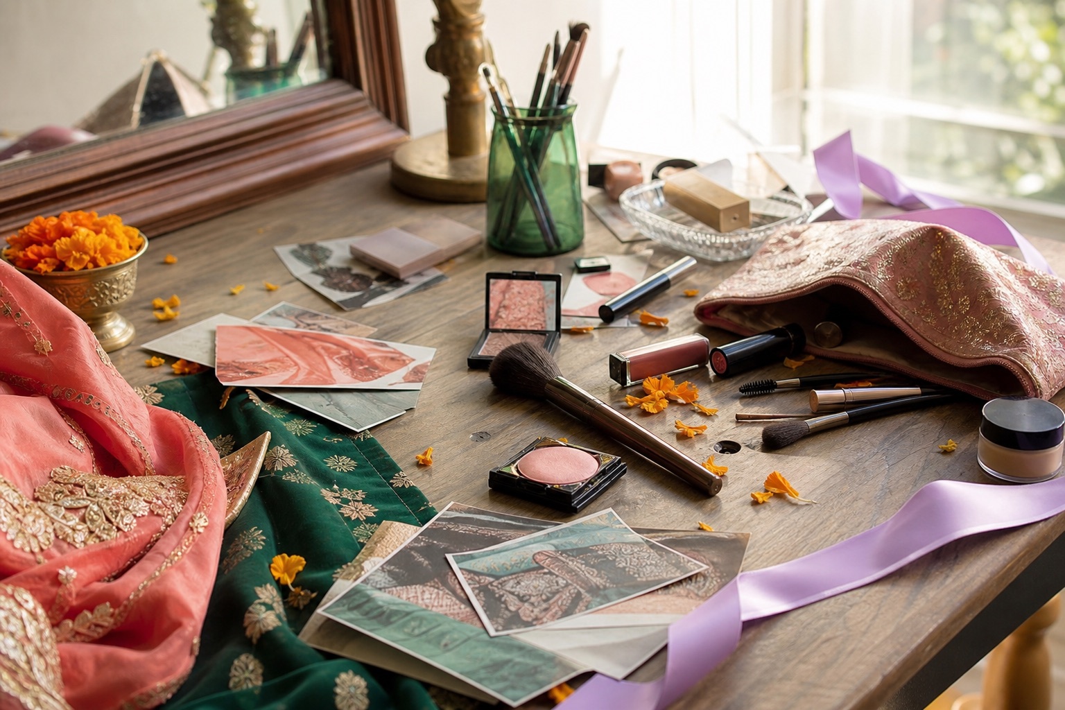 Bridal makeup tools and colour references arranged in daylight