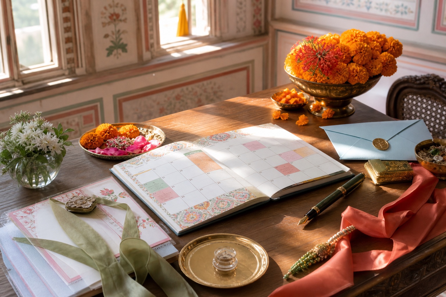 A colourful wedding-planning desk with marigold flowers, stationery and ribbon in clear natural daylight.