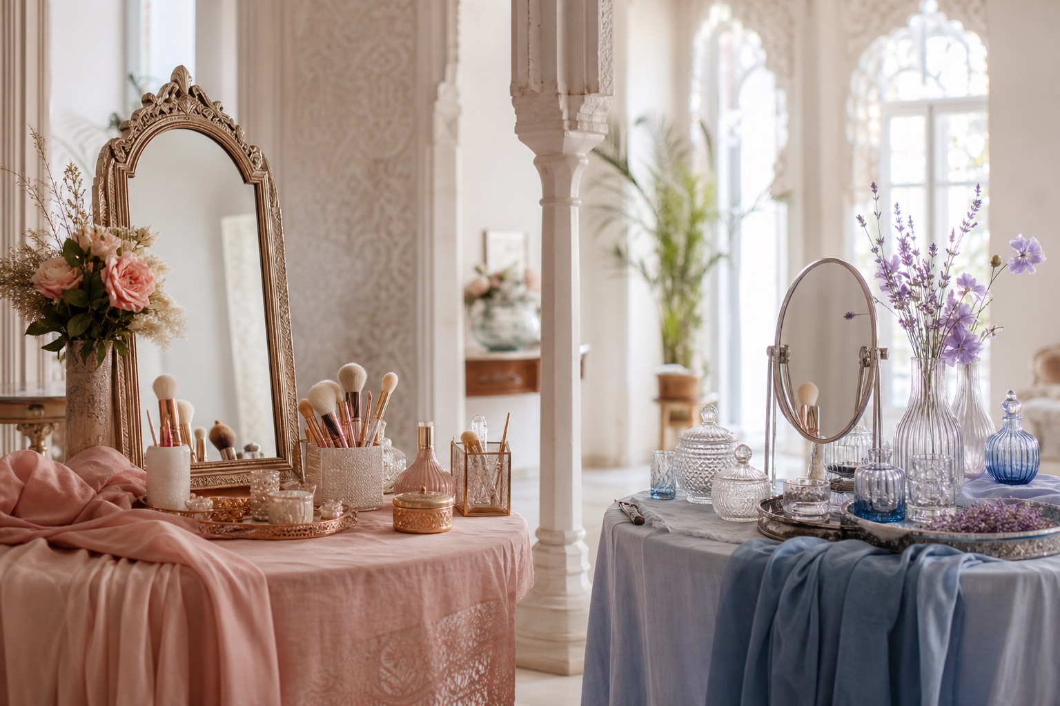 Two bridal preparation stations in soft rose and muted blue