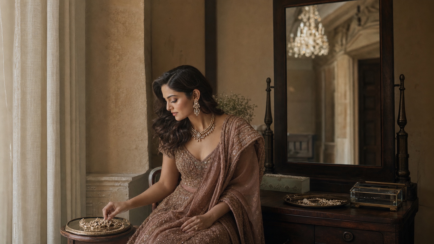 Indian bride in a muted rose reception outfit choosing jewellery beside a heritage suite window.