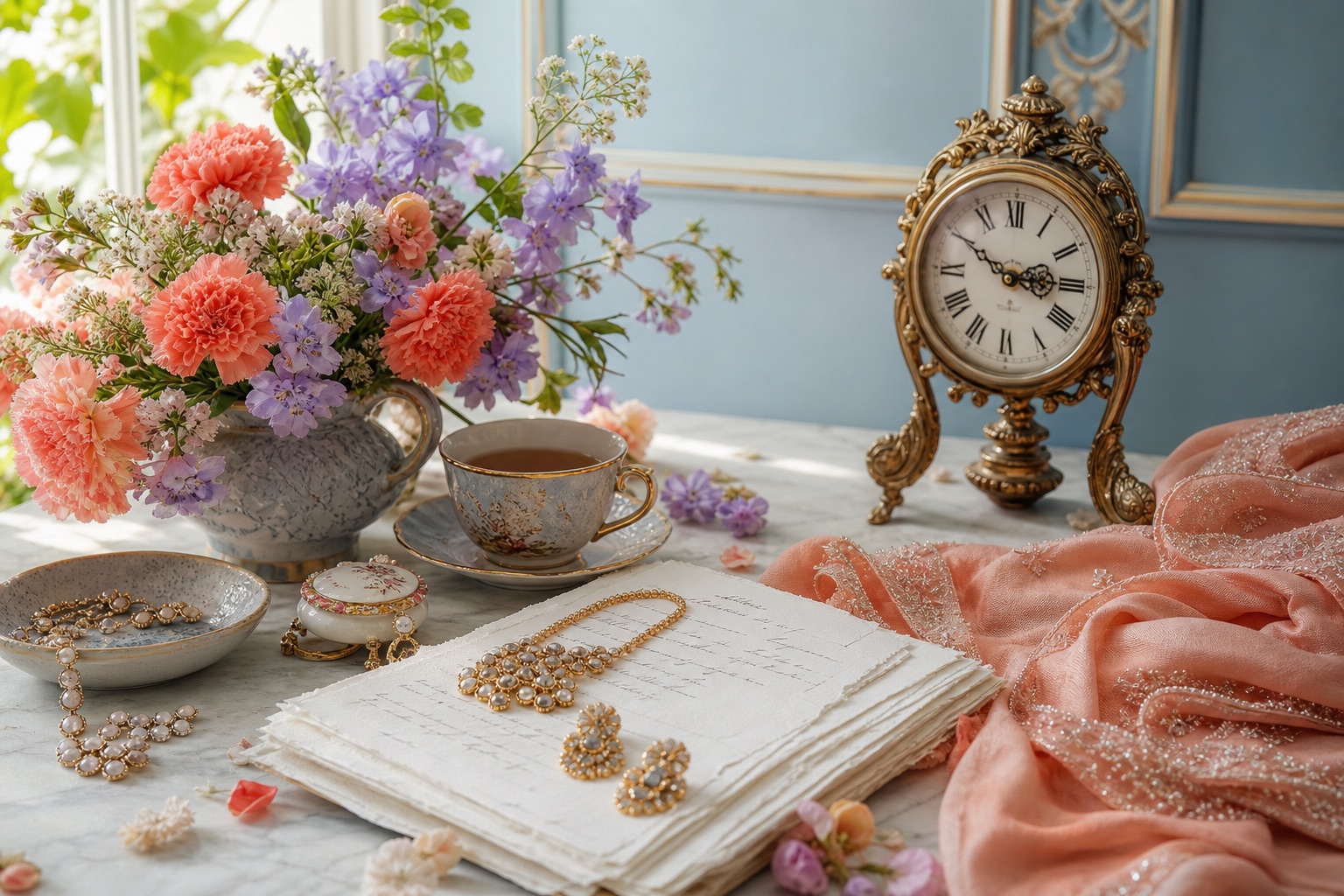 Wedding preparation details arranged around a morning timeline