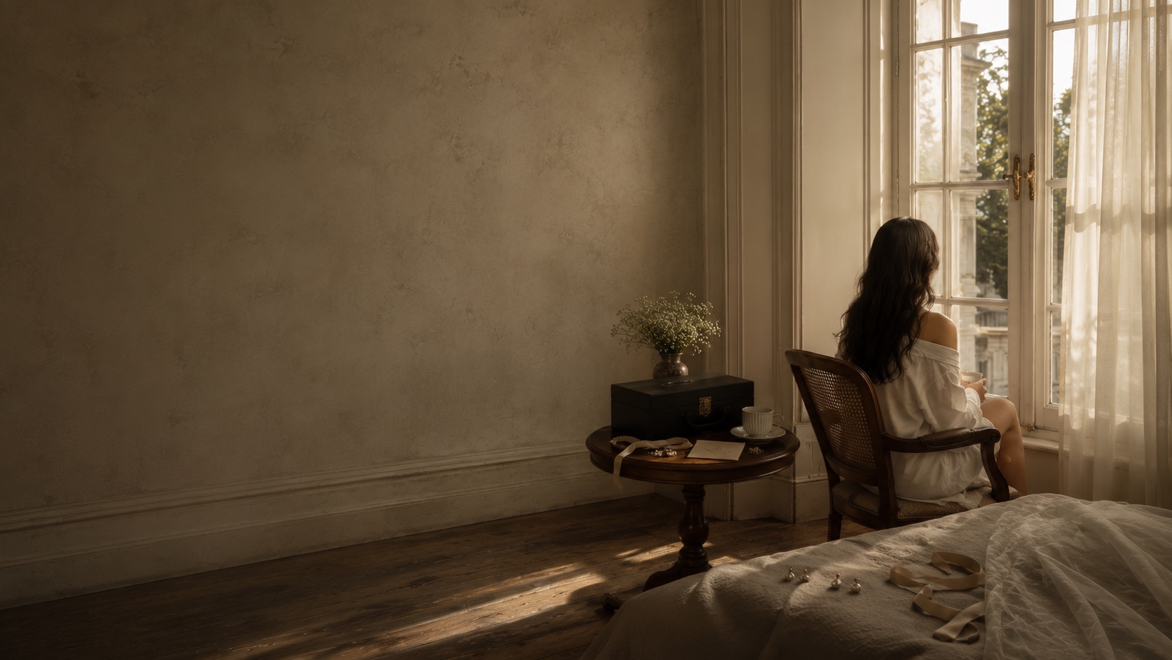 Quiet bridal morning in a heritage suite before wedding preparations begin.