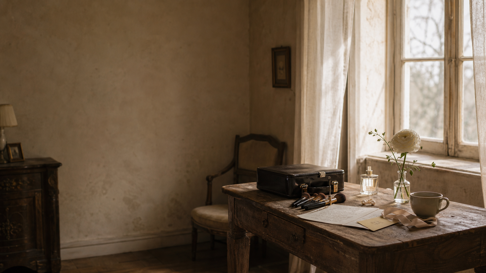 A handwritten wedding timeline beside bridal preparation objects in soft morning light.
