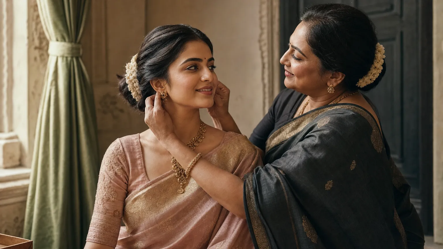 Indian bride in dusty blush silk sharing a quiet getting-ready moment with her mother in charcoal silk.
